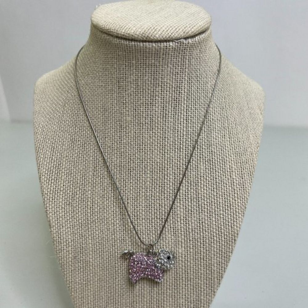 Lia Sophia Necklace Rhinestone Pig Pink Silver Tone 16 Inch Pendant  Used, see p